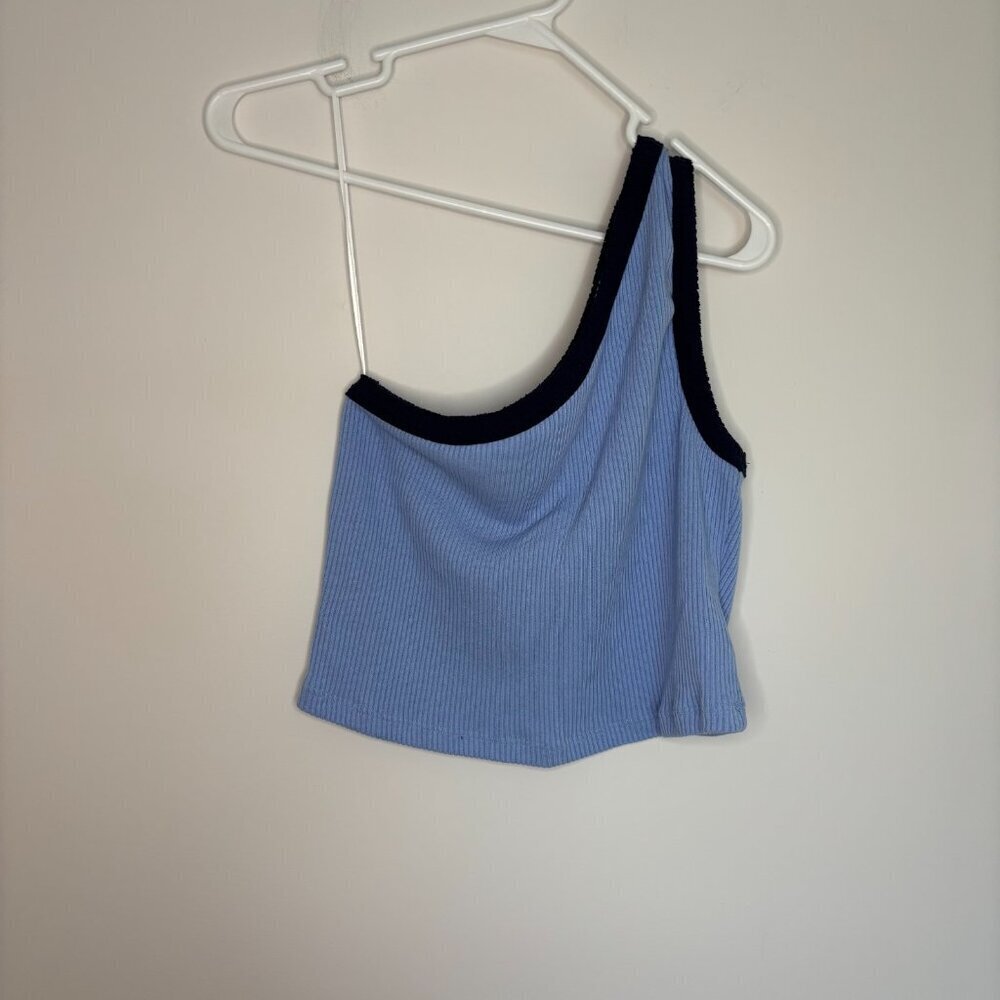 URBAN OUTFITTERS NEW Cropped 1 Shoulder Top Womens L Blue Navy Ribbed Stretch - Picture 4 of 5